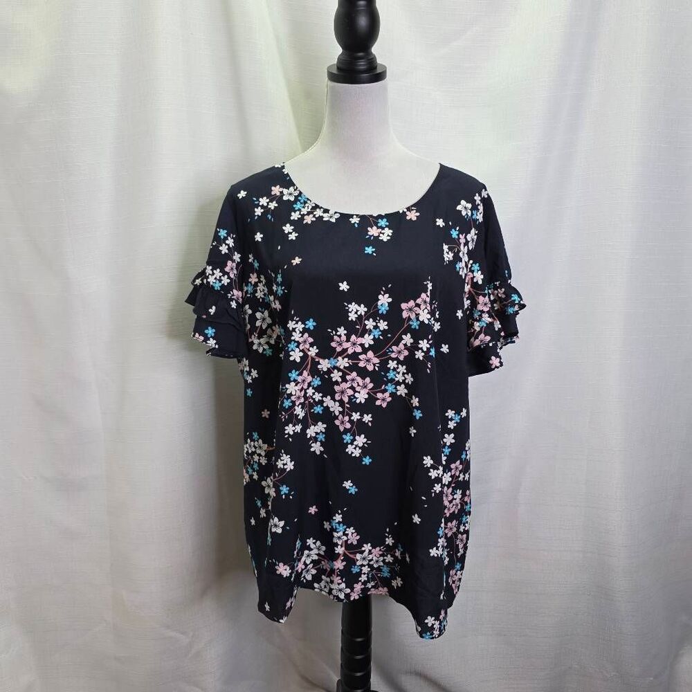Lane Bryant Navy Blue Floral Ruffle Sleeve Blouse Size 18